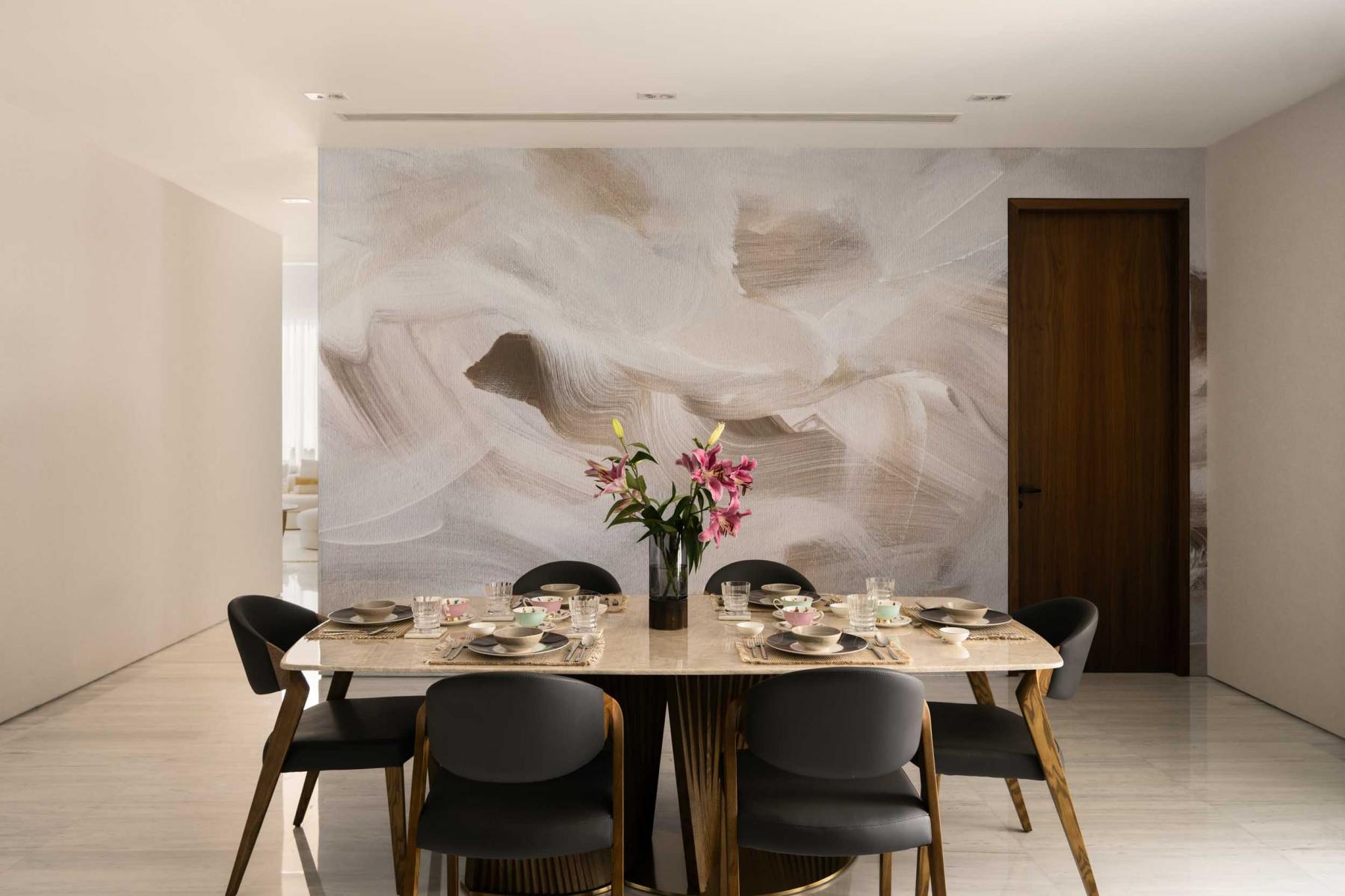 Modern Dining Room with Feature Wall and Wallpaper
