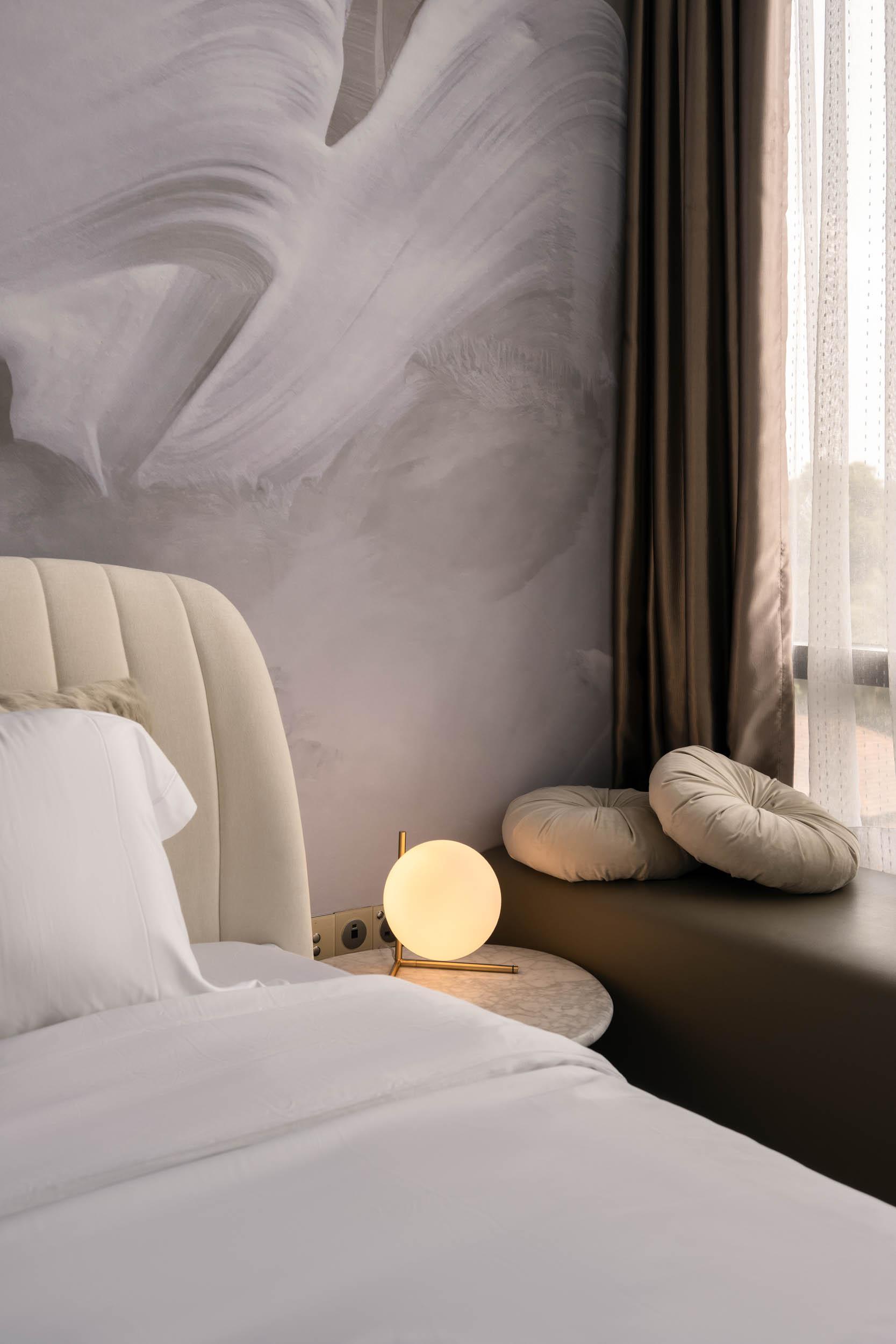 Modern Bedroom with Bay Window and Wallpaper