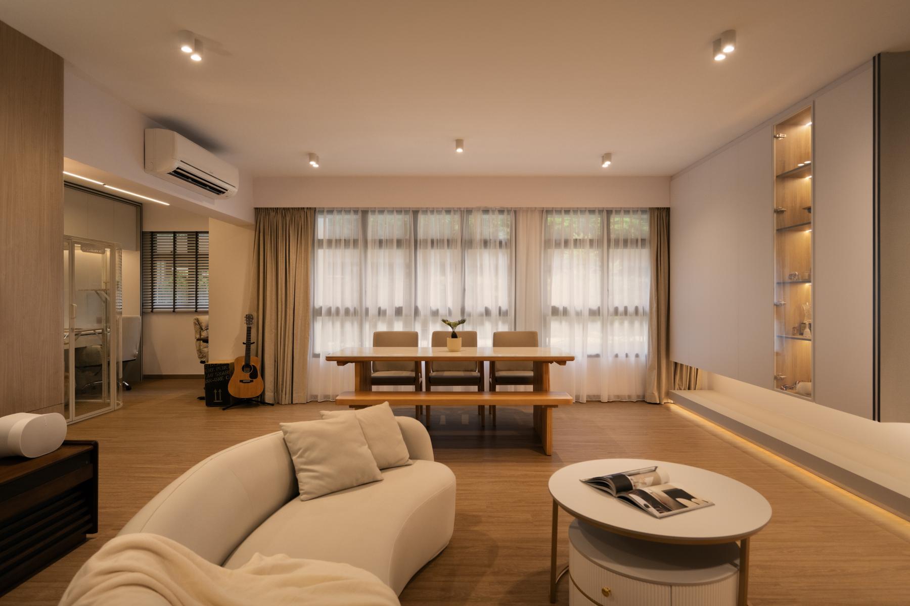 Minimalist Dining Room with Vinyl Flooring and Curtain