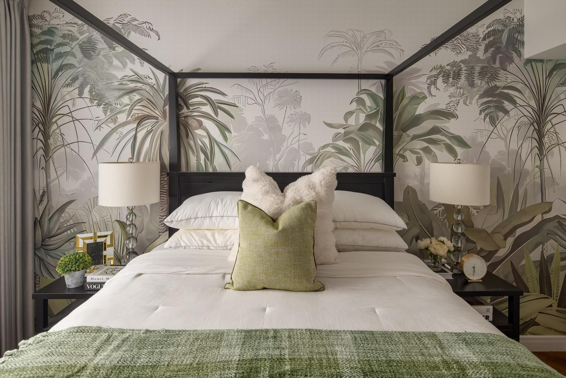Vintage Bedroom with Wallpaper and Bedside Table