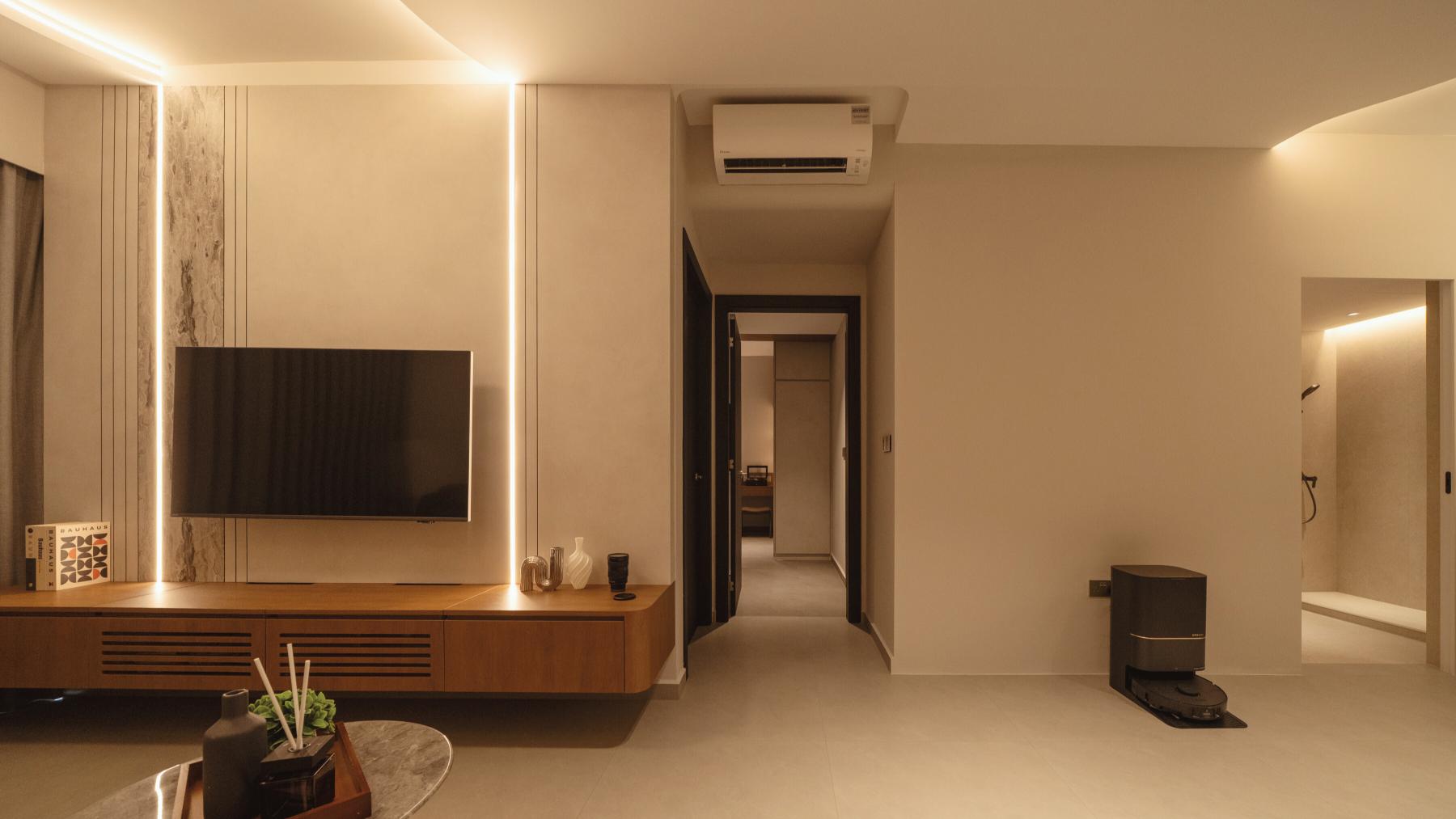 Contemporary Living Room with TV Console and Feature Wall