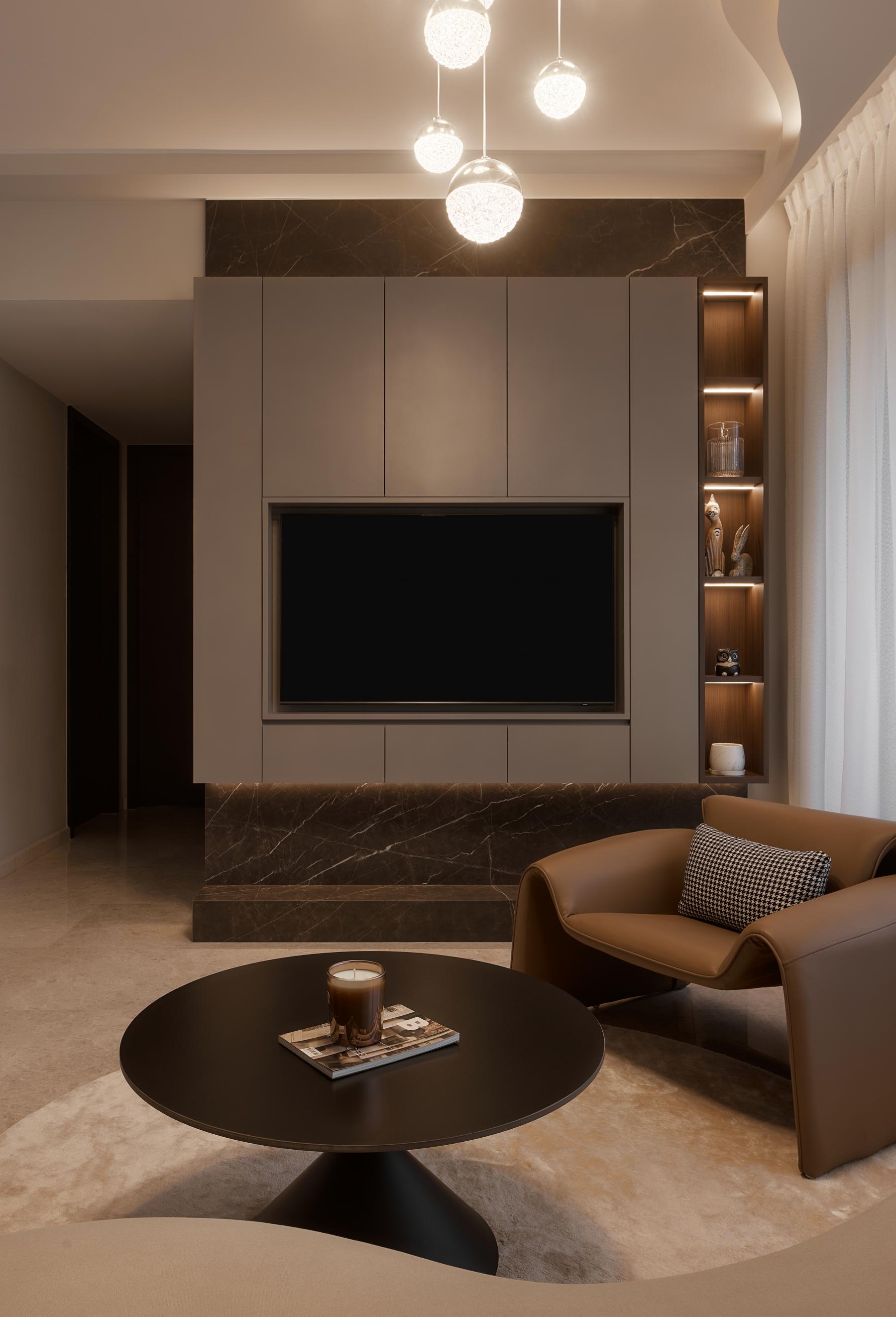 Modern Living Room with Marble Floor and TV Console