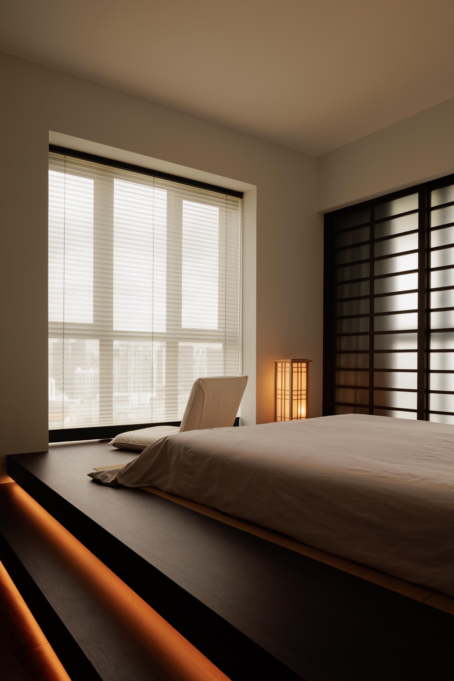 Transitional Bedroom with Platform Bed and Vinyl Flooring