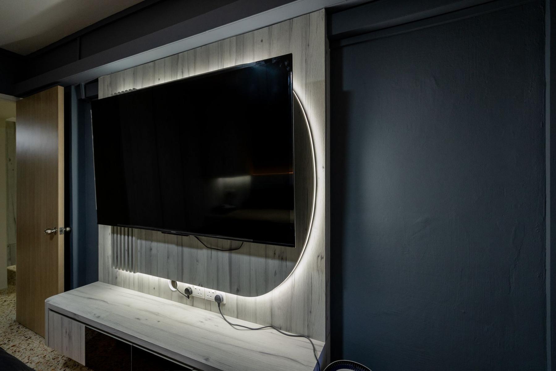 Asian Bedroom with TV Console and Lighting