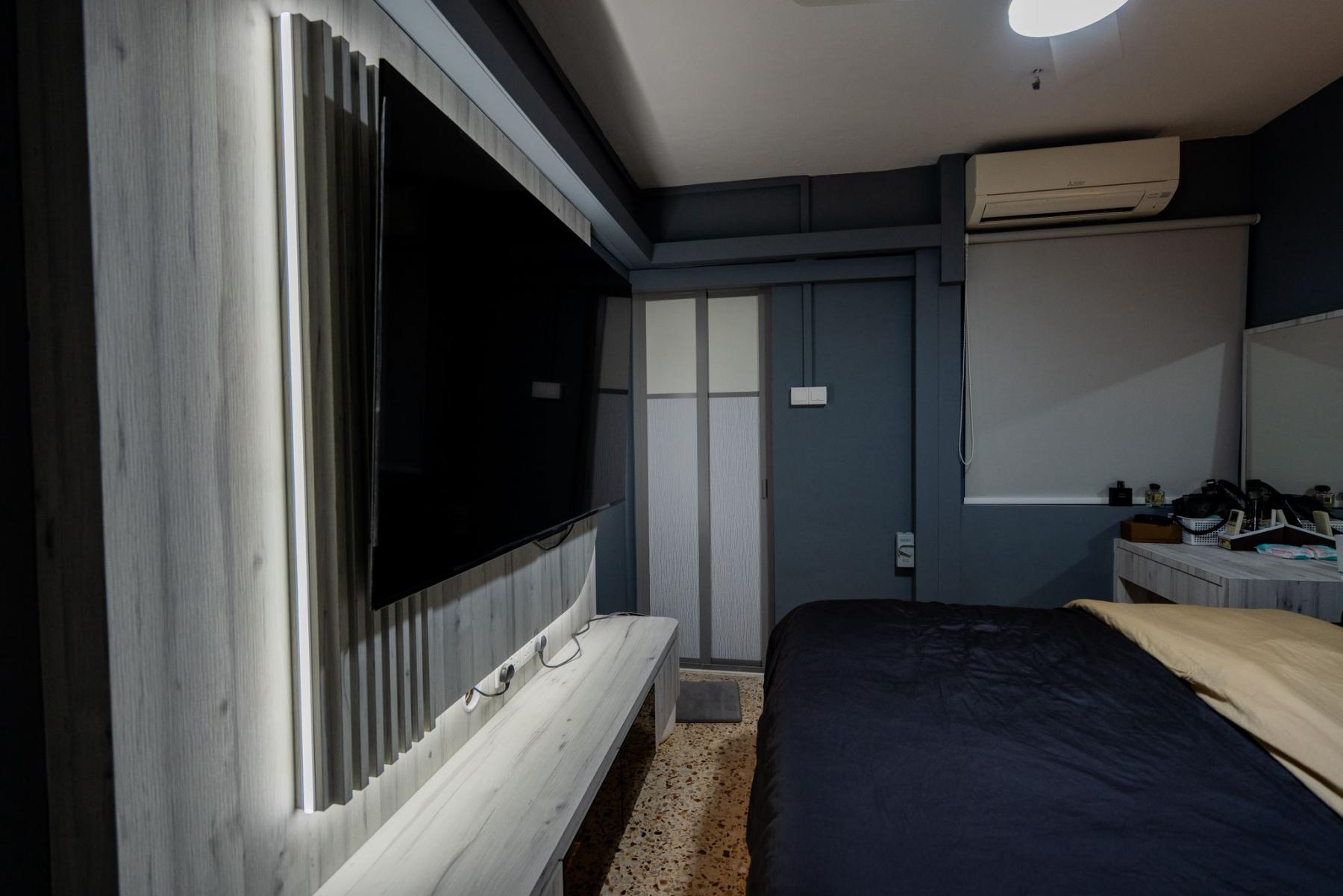 Asian Bedroom with TV Console and Lighting