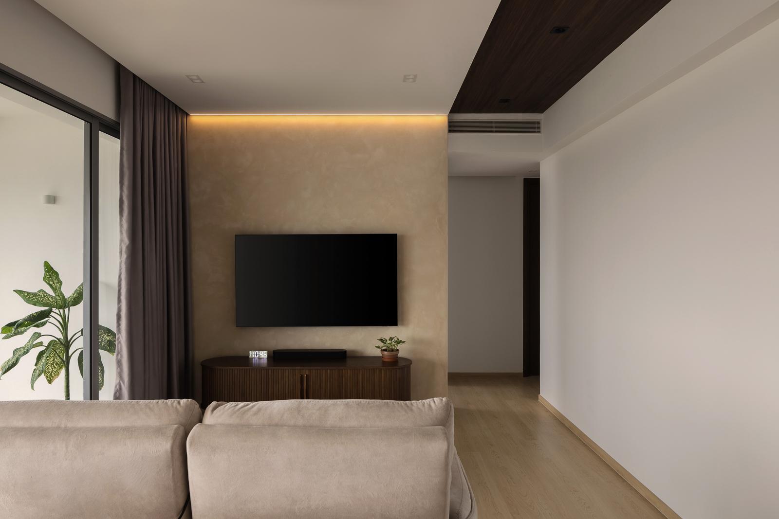 Scandinavian Living Room with Vinyl Flooring and Feature Wall