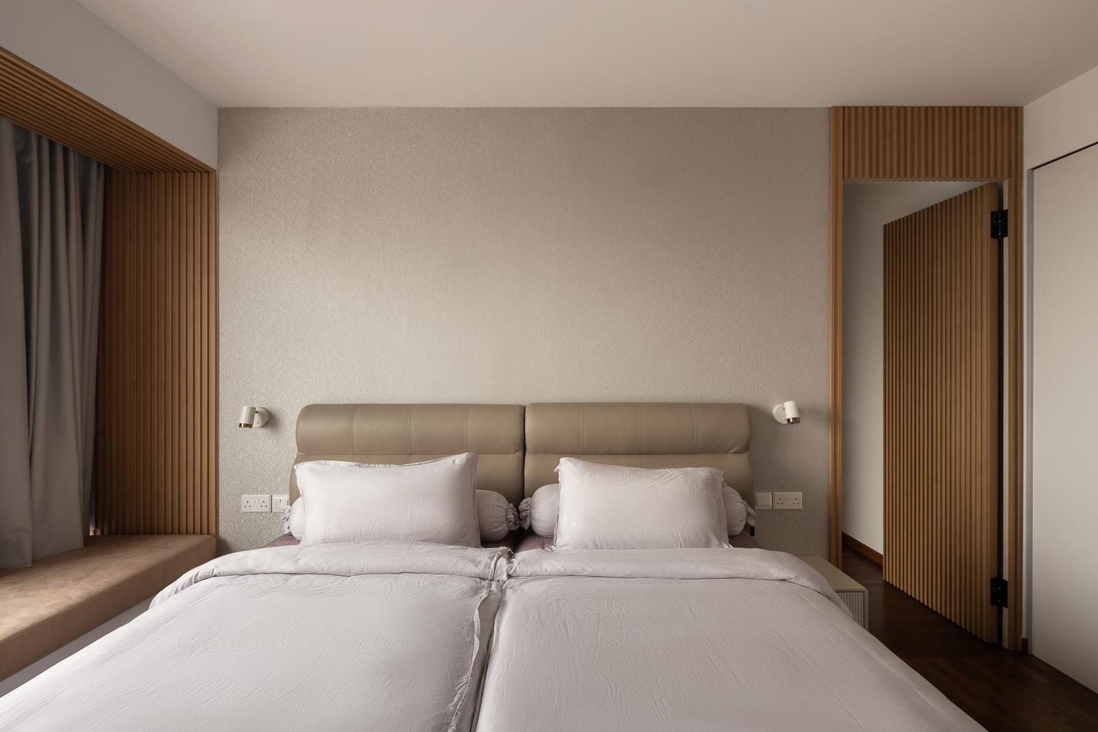 Scandinavian Bedroom with Parquet Floor and Feature Wall
