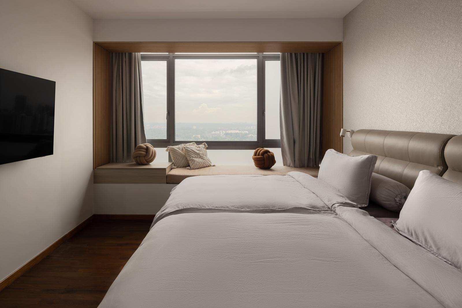 Scandinavian Bedroom with Parquet Floor and Feature Wall