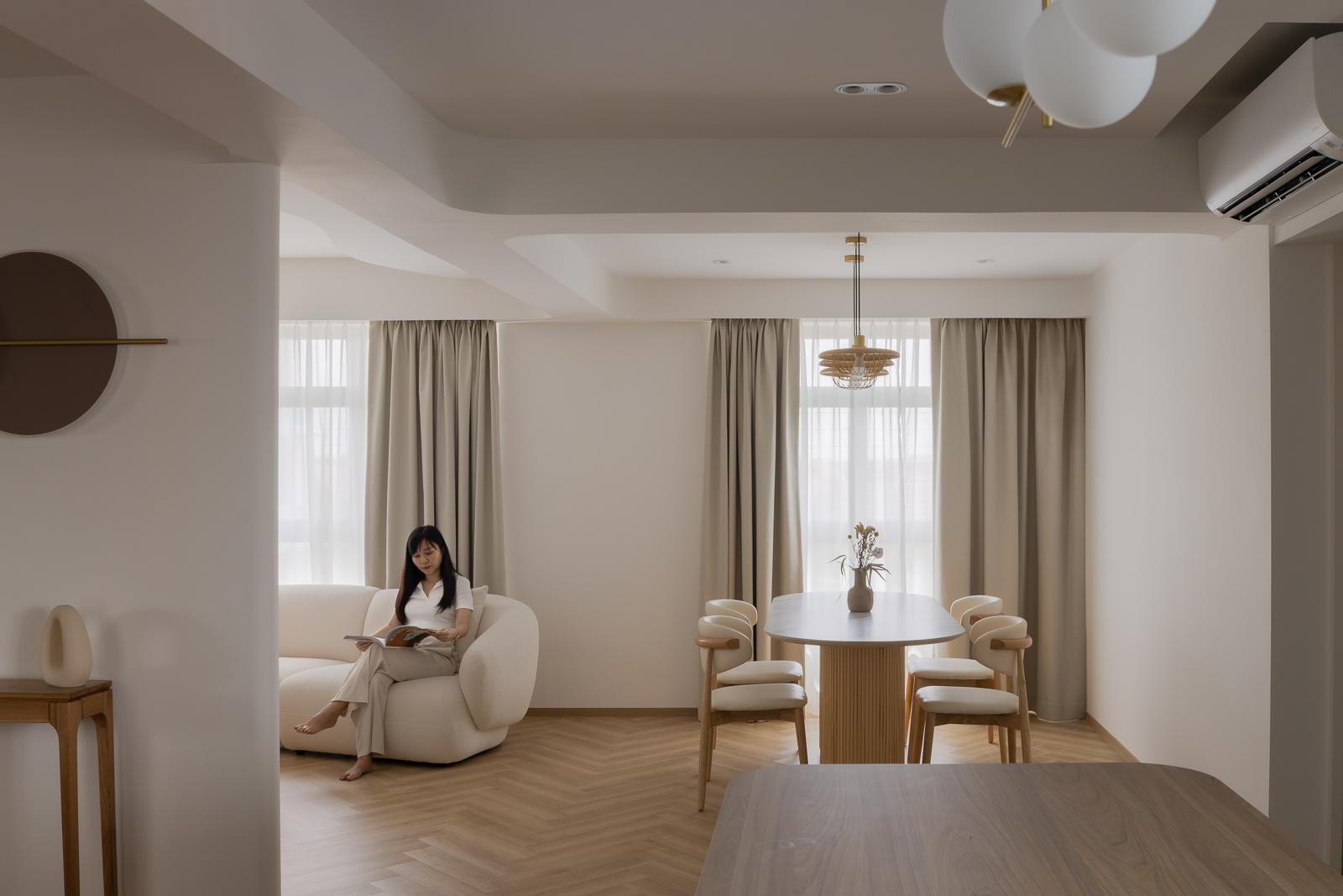 Scandinavian Living Room with Herringbone Tiling and Wood Flooring