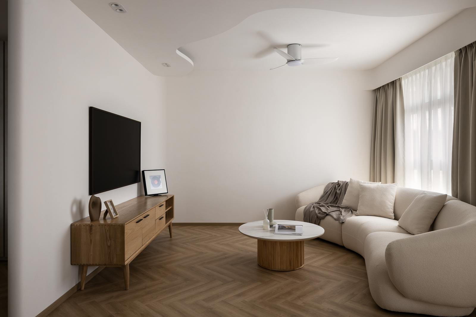 Scandinavian Living Room with Herringbone Tiling and Wood Flooring