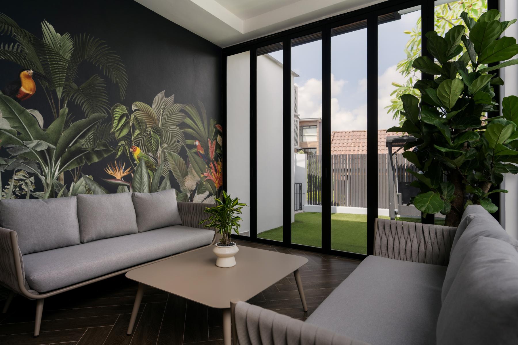 Contemporary Living Room with Wood Flooring and Feature Wall
