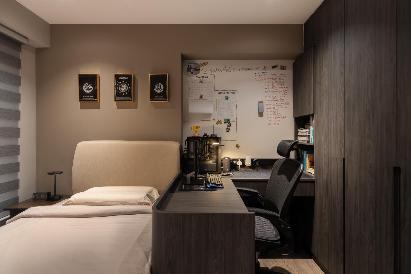 Modern Bedroom with Bookshelf and Vinyl Flooring