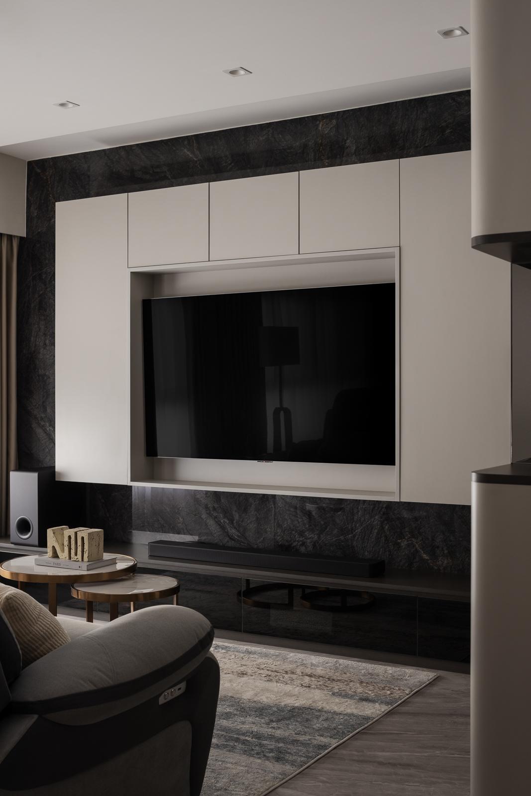 Modern Living Room with Homogeneous Tiles and TV Console