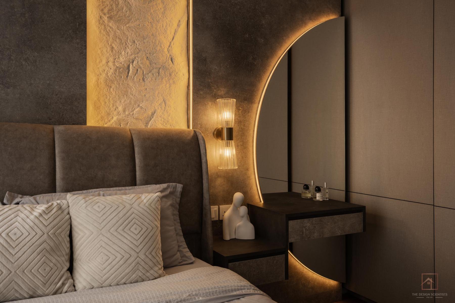 Contemporary Bedroom with Parquet Floor and Cove Lighting