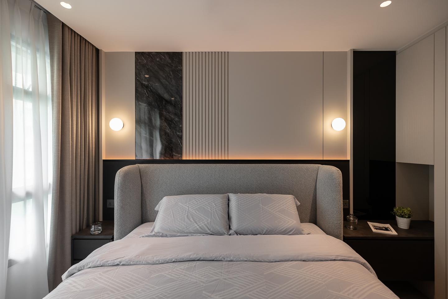 Modern Bedroom with Vinyl Flooring and Feature Wall