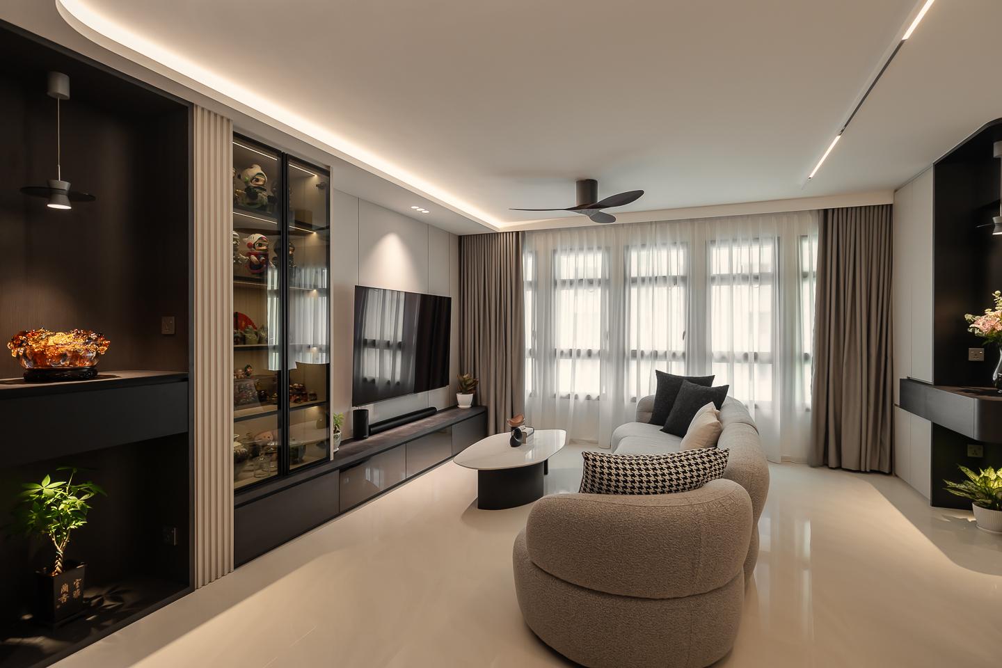 Modern Living Room with Homogeneous Tiles and Feature Wall
