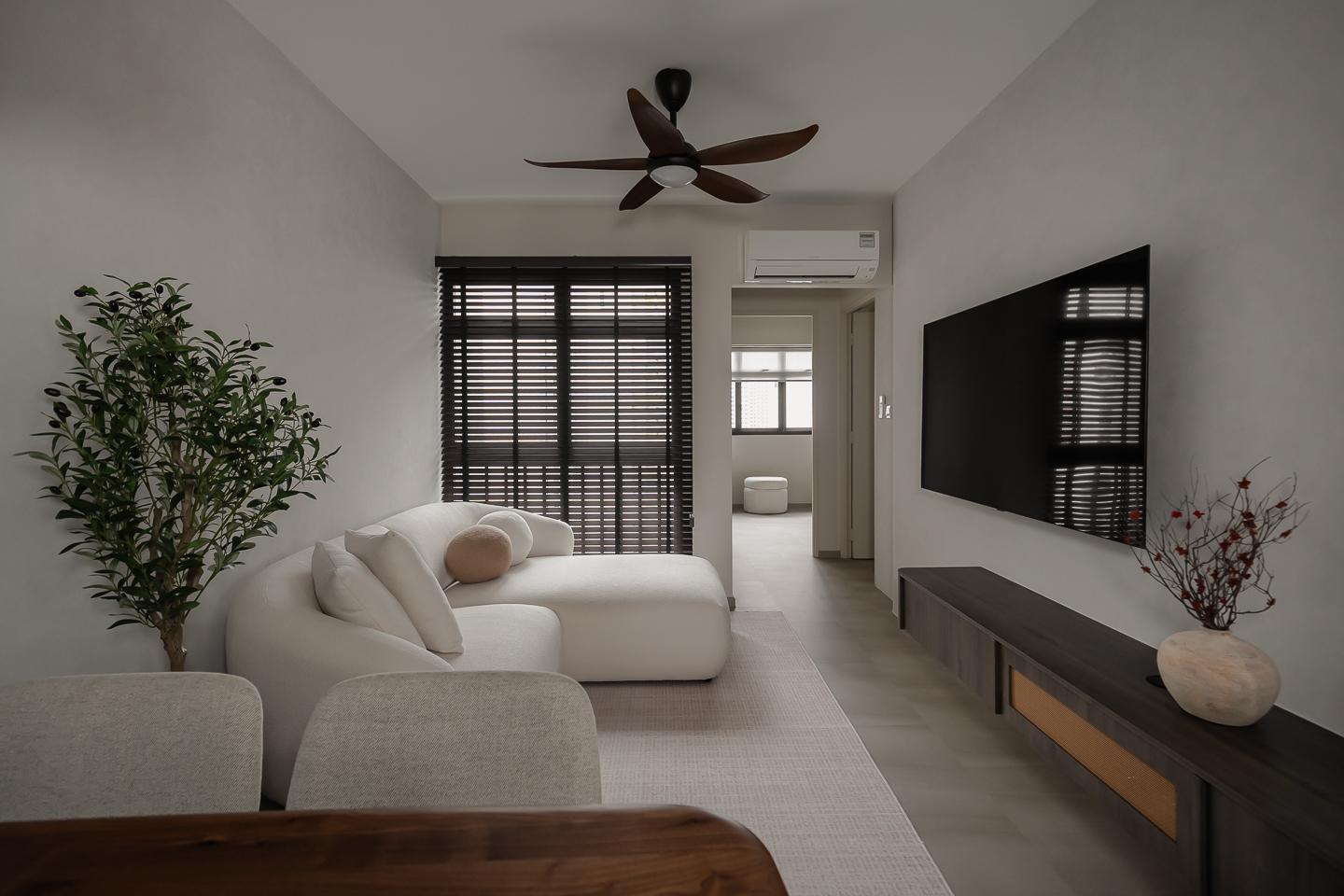 Modern Living Room with Homogeneous Tiles and Cement Floor