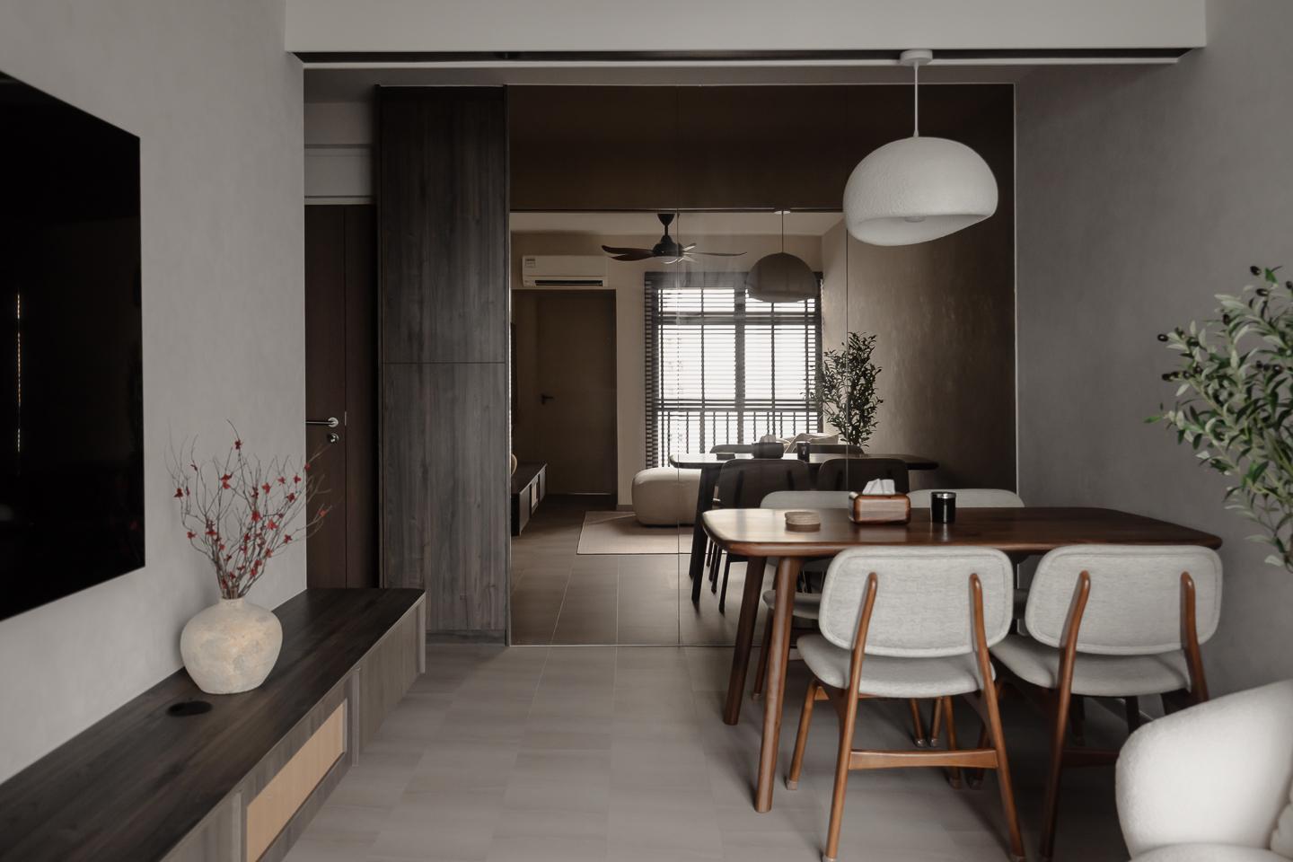 Modern Dining Room with Drop Ceiling and Chandelier