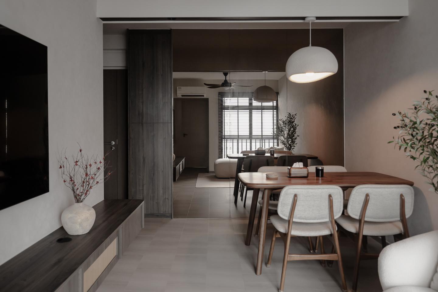 Modern Living Room with Homogeneous Tiles and Feature Wall
