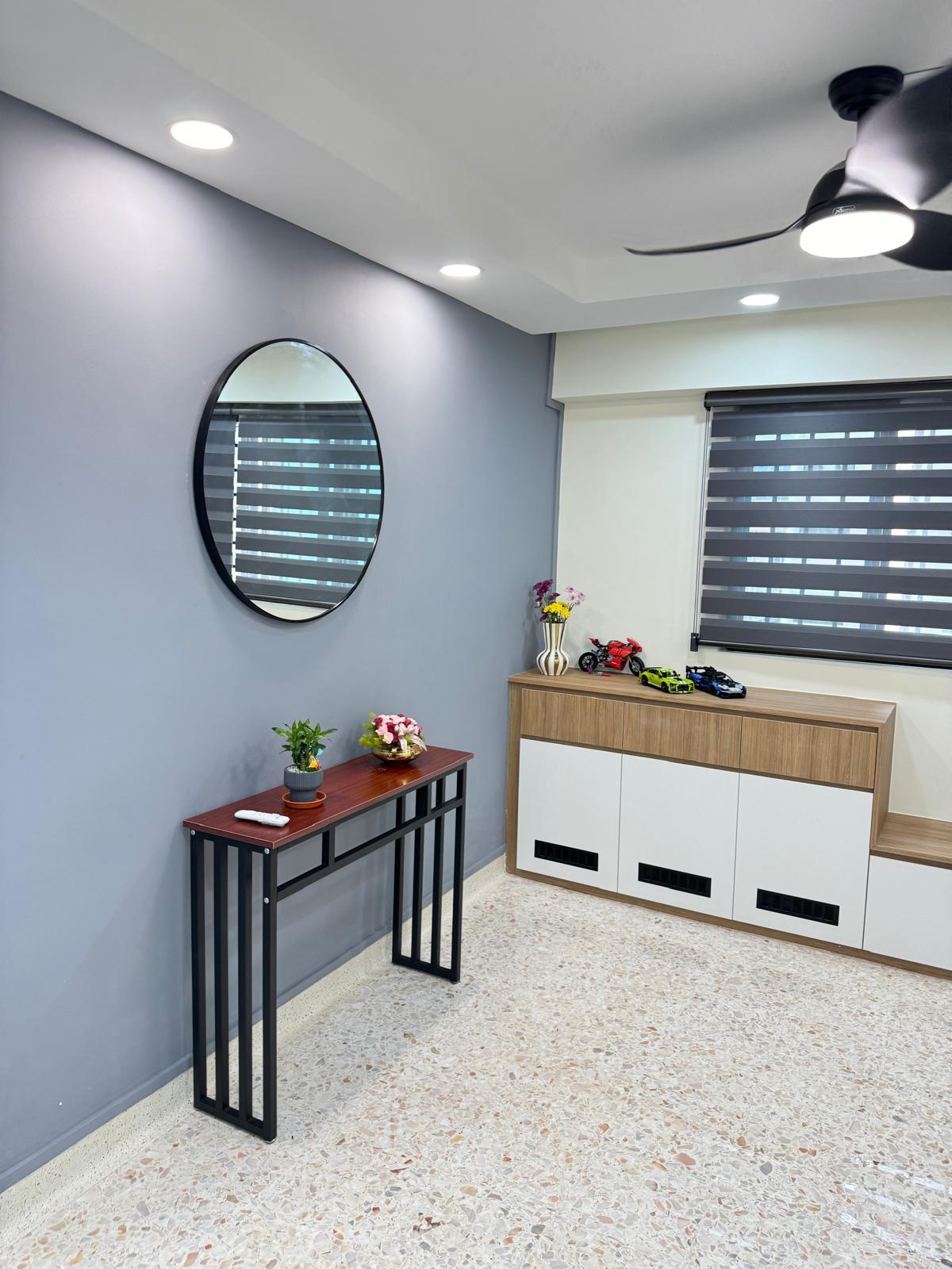 Asian Living Room with Shoe Cabinets and Blinds