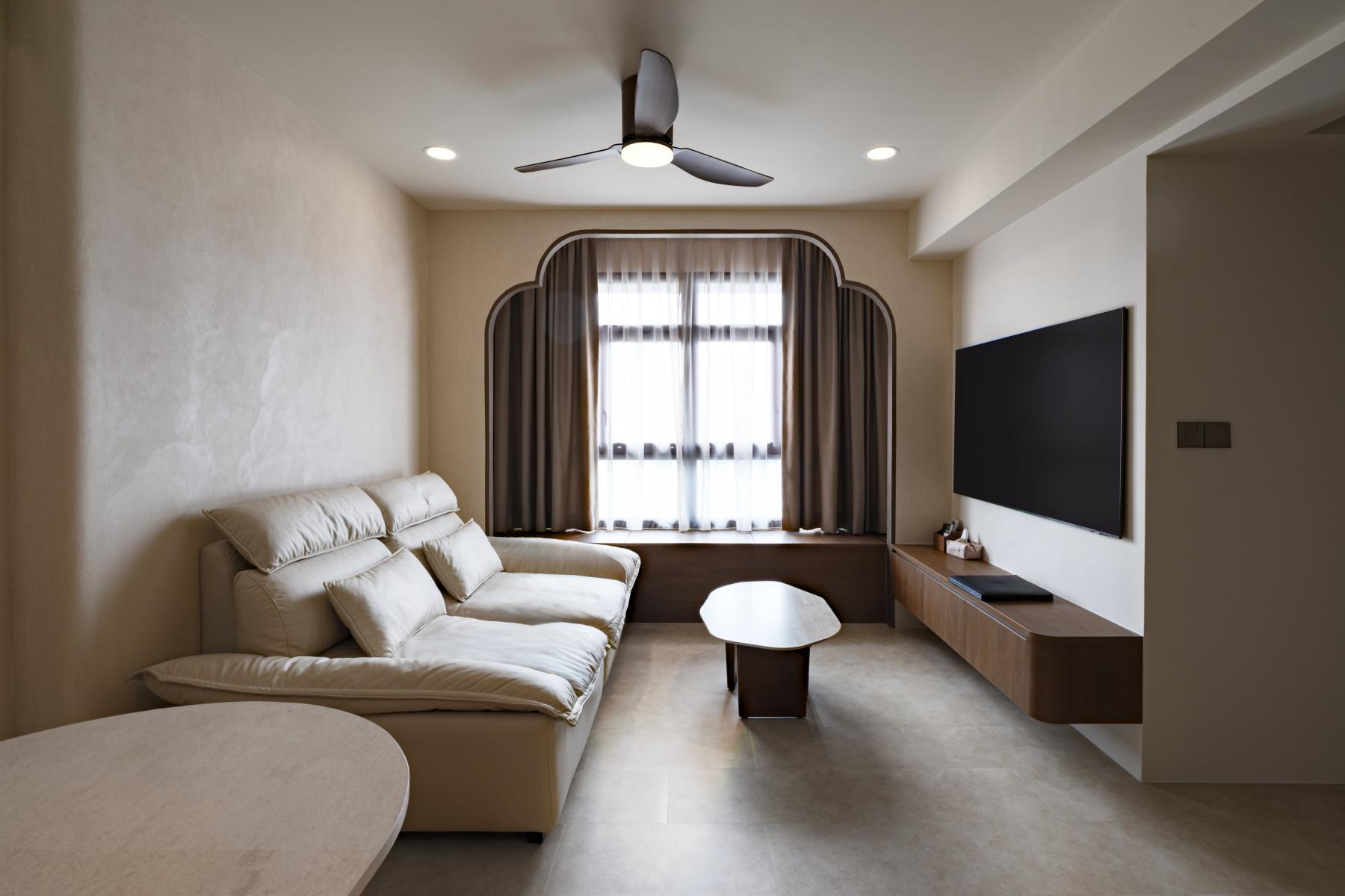 Asian Living Room with Homogeneous Tiles and TV Console