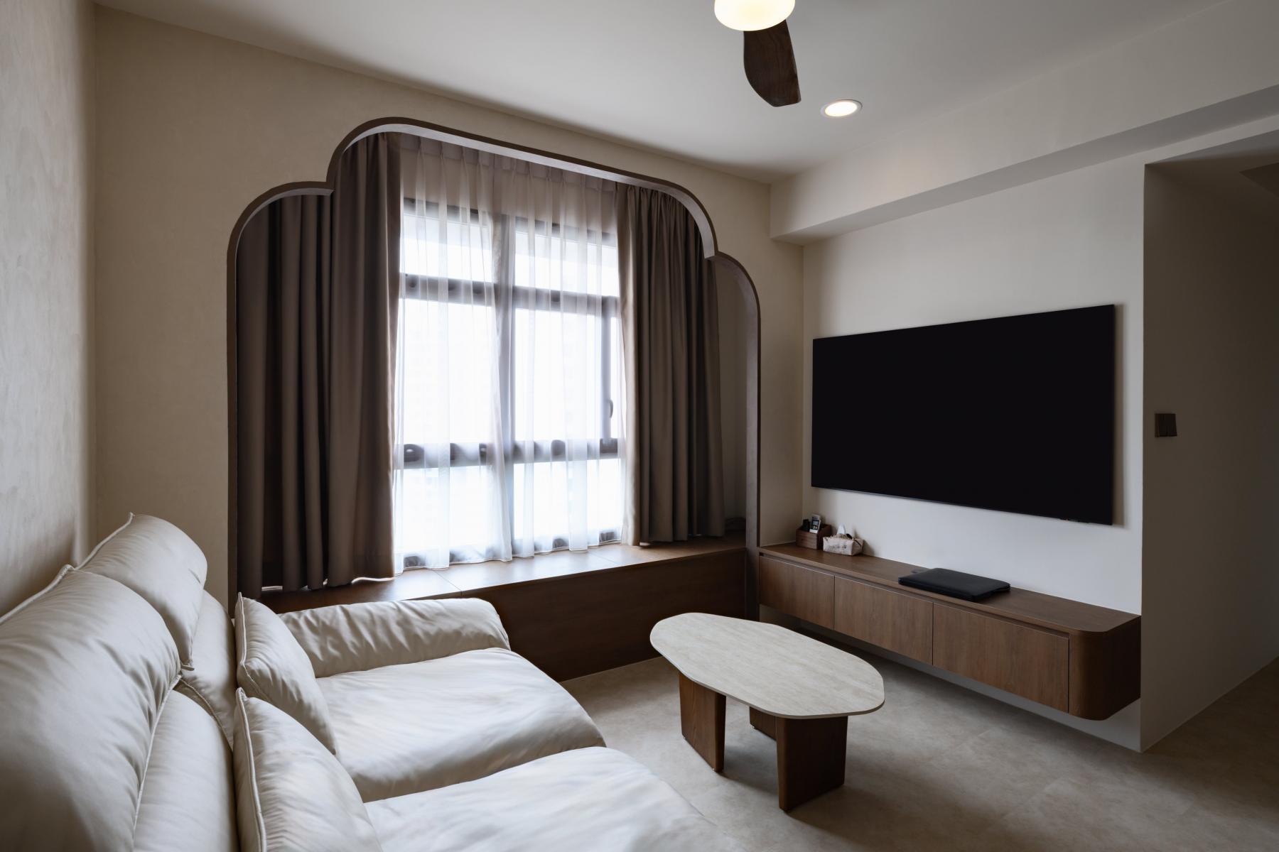Asian Living Room with Homogeneous Tiles and TV Console