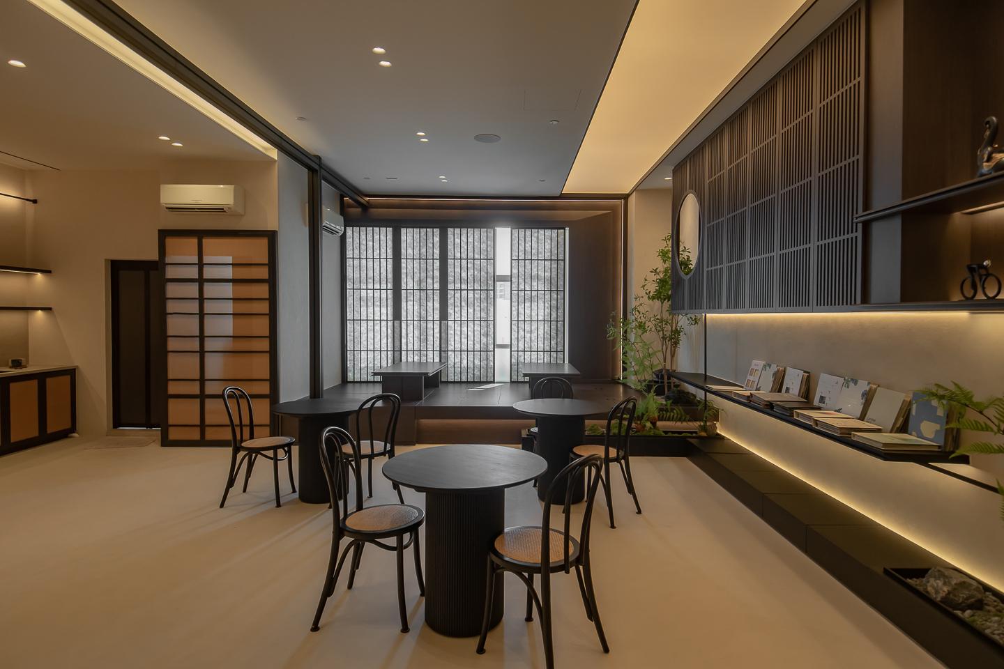 Asian Studio with Bookshelf and Coffee Table