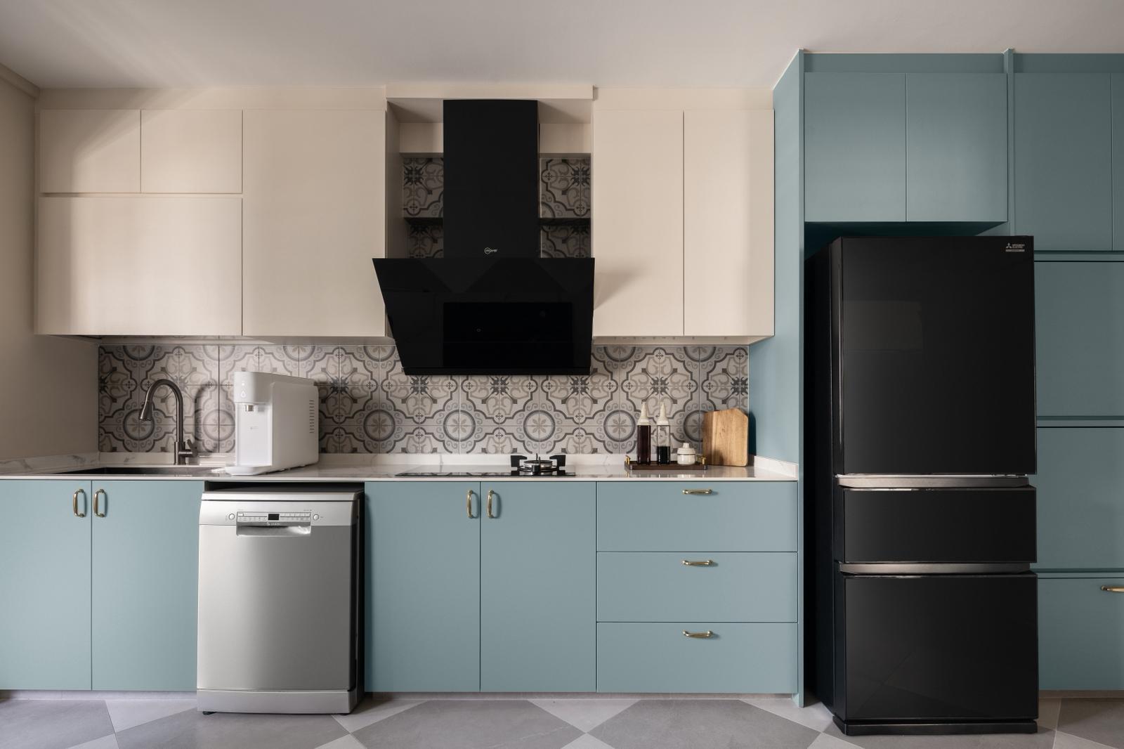 Transitional Kitchen with Countertop and Cupboard
