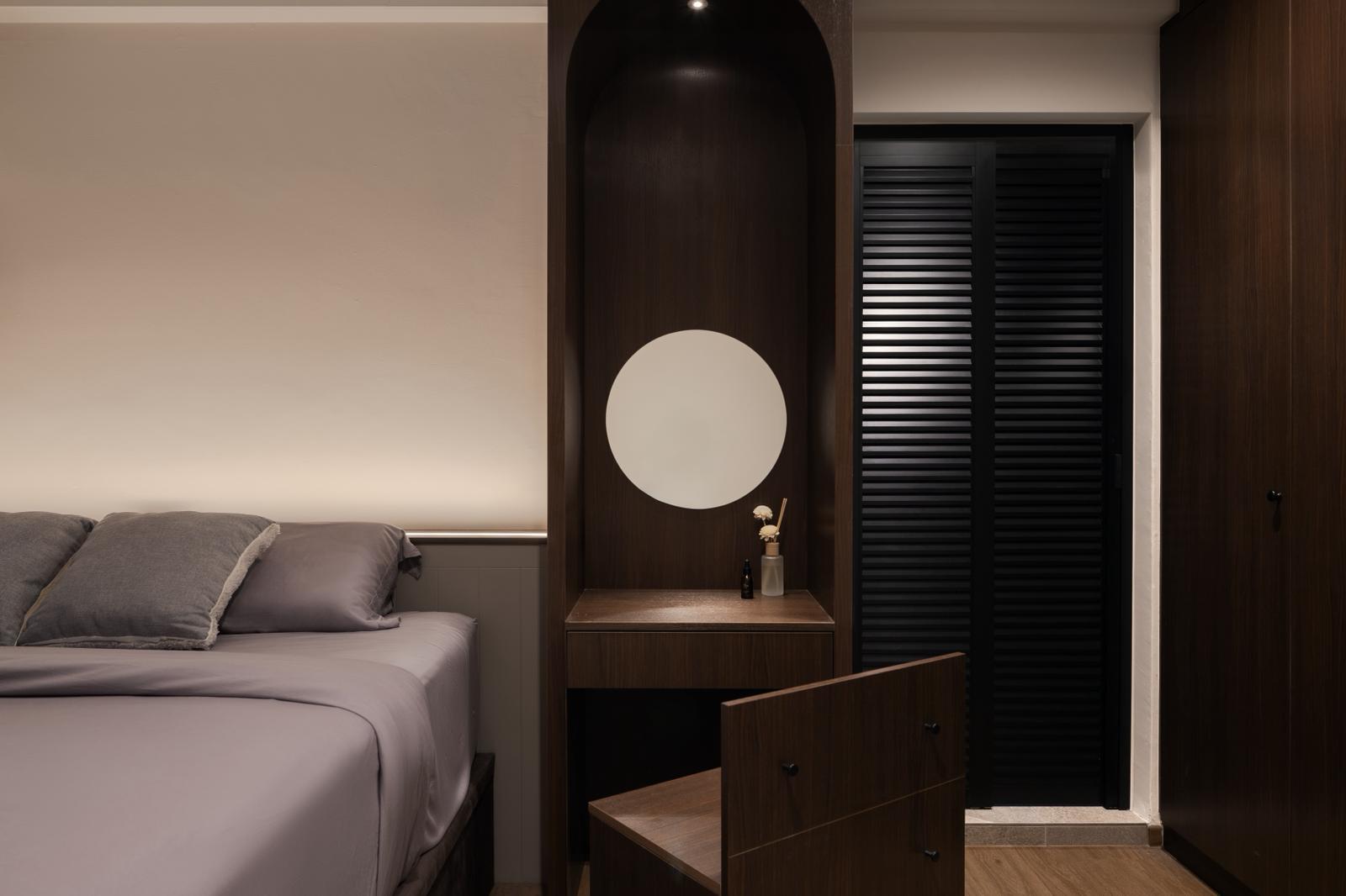 Transitional Bedroom with Wood Flooring and Bedside Table