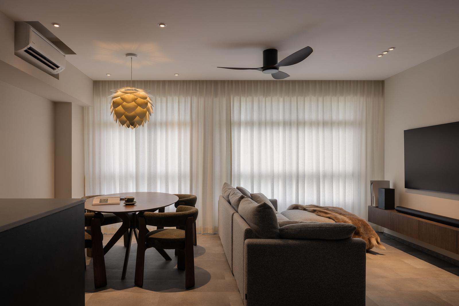 Minimalist Living Room with Homogeneous Tiles and TV Console