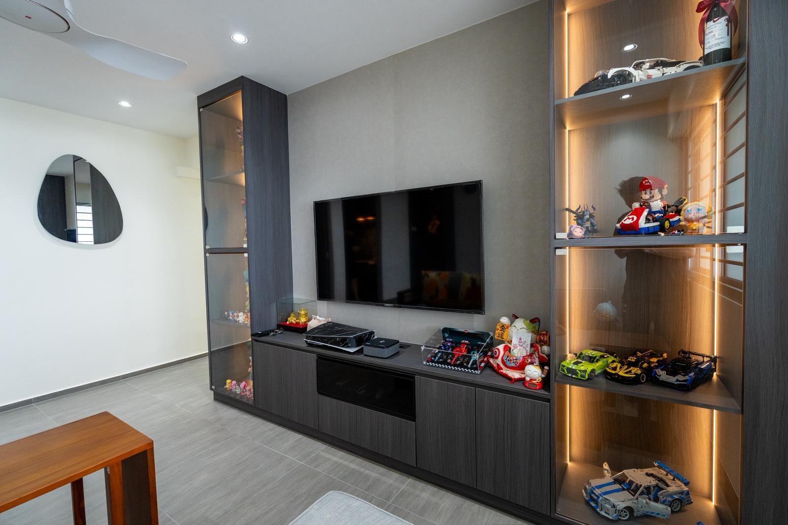 Asian Living Room with Homogeneous Tiles and TV Console