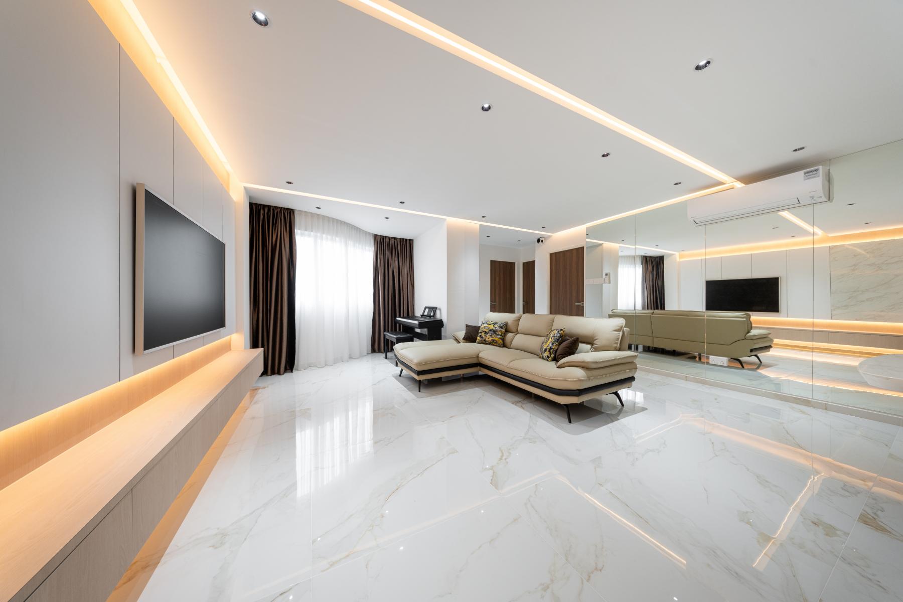 Contemporary Living Room with Homogeneous Tiles and TV Console