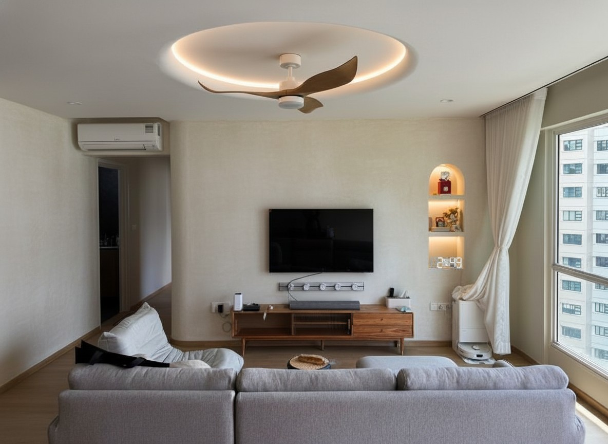 Scandinavian Living Room with Vinyl Flooring and Feature Wall