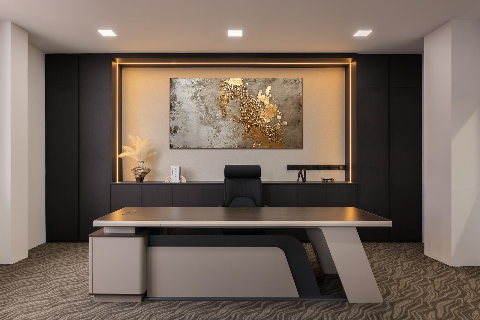 Modern Office with Bookshelf and Storage Cabinets