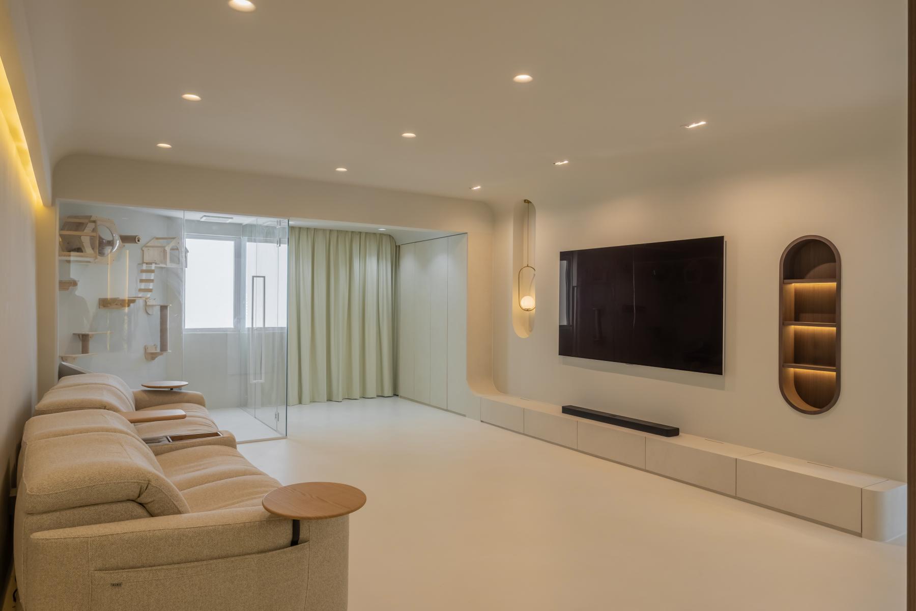 Minimalist Living Room with Cement Floor and TV Console