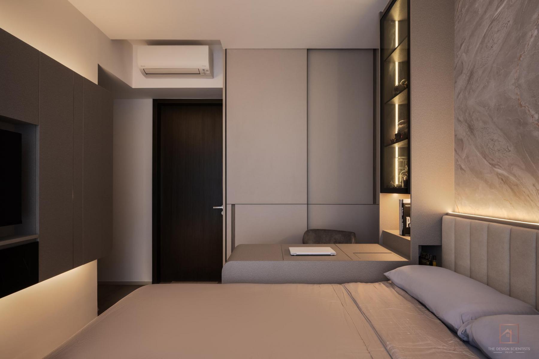Contemporary Bedroom with Bookshelf and Cove Lighting