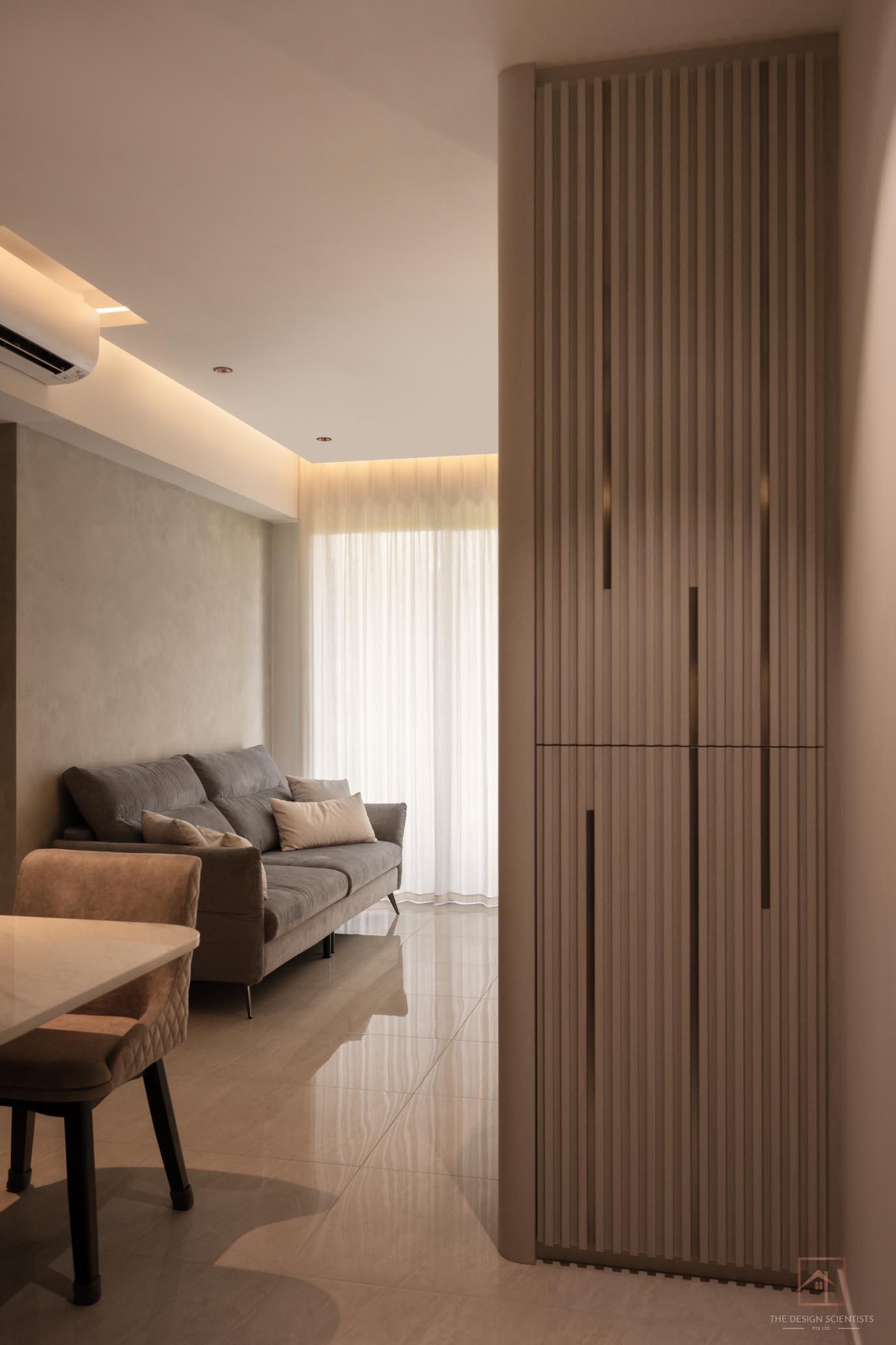Contemporary Living Room with Bookshelf and Marble Floor