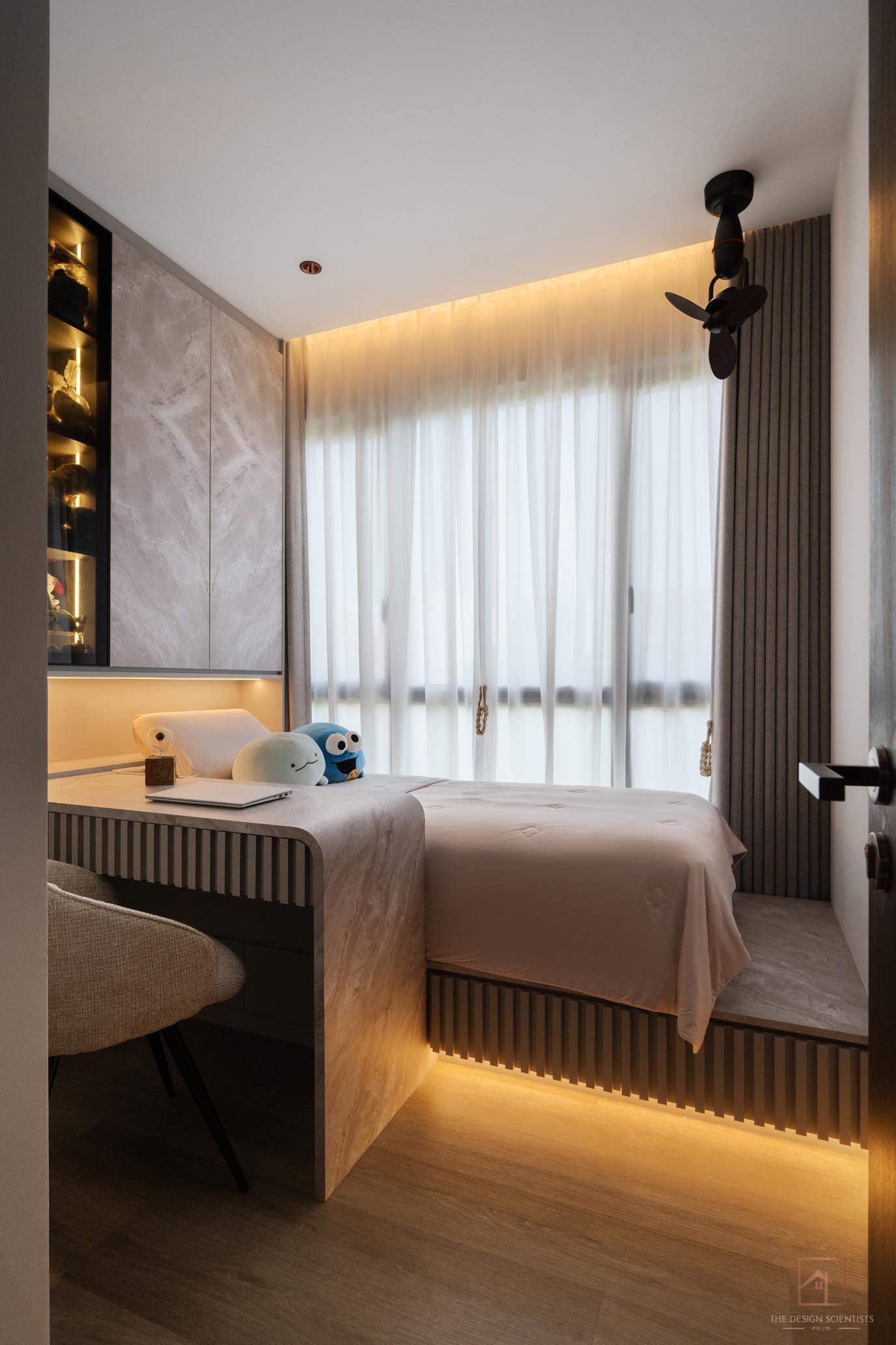 Contemporary Bedroom with Bookshelf and Bay Window