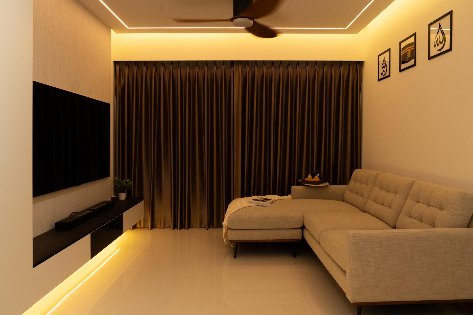 Contemporary Living Room with TV Console and Cove Lighting