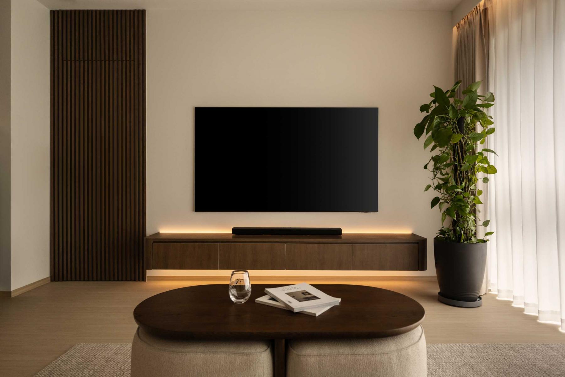 Contemporary Living Room with Vinyl Flooring and TV Console