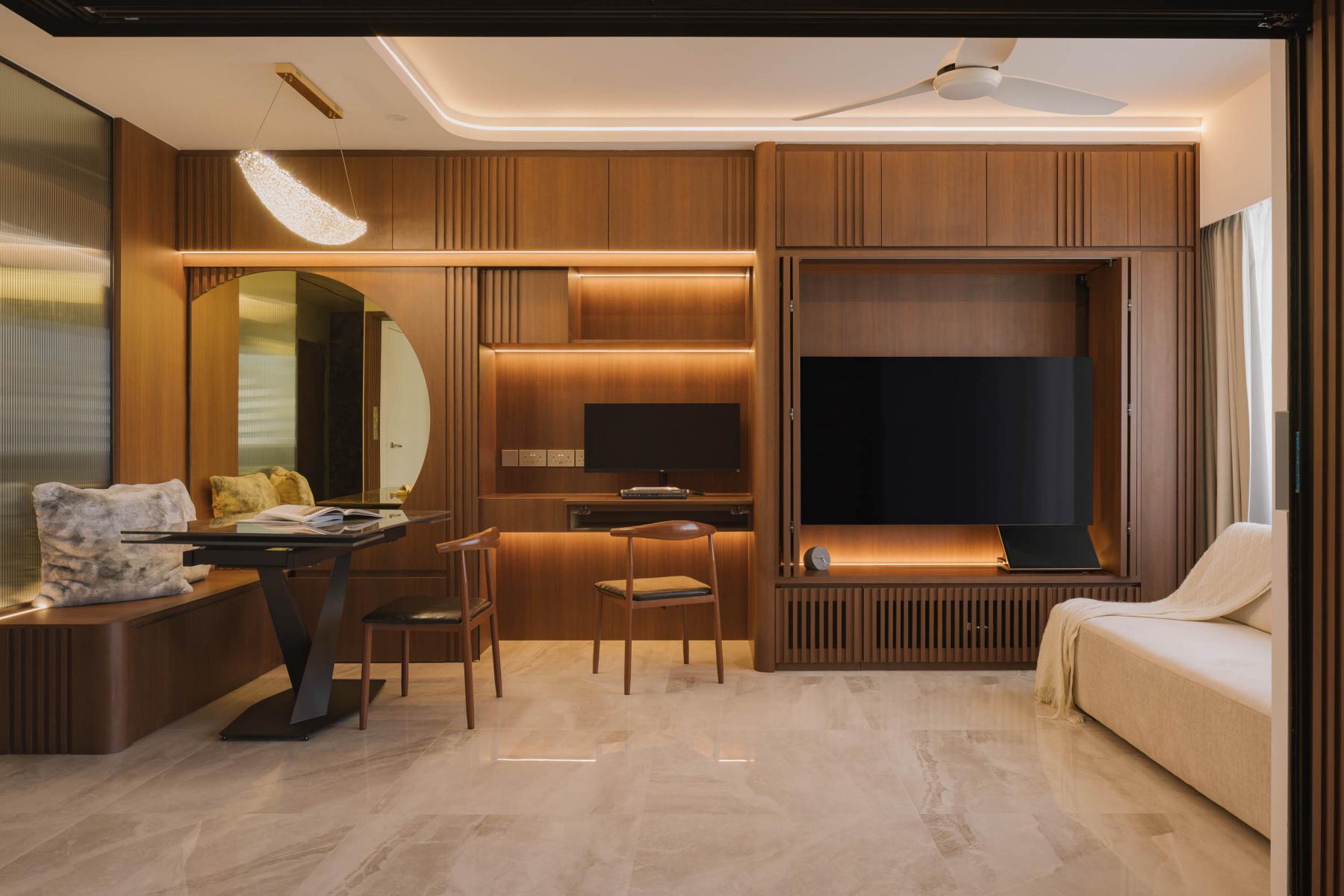 Modern Living Room with Homogeneous Tiles and TV Console