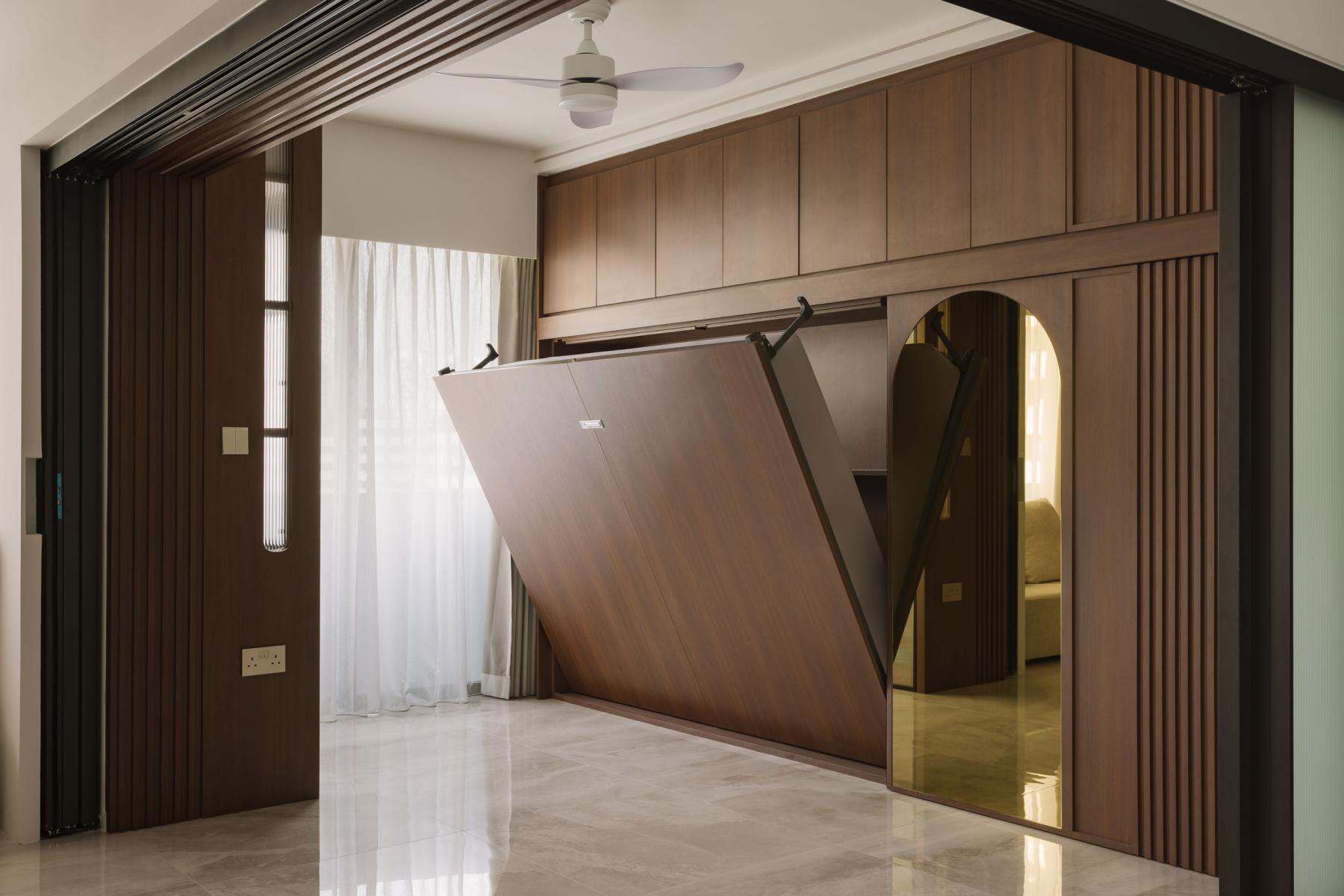 Modern Bedroom with Homogeneous Tiles and Mirror