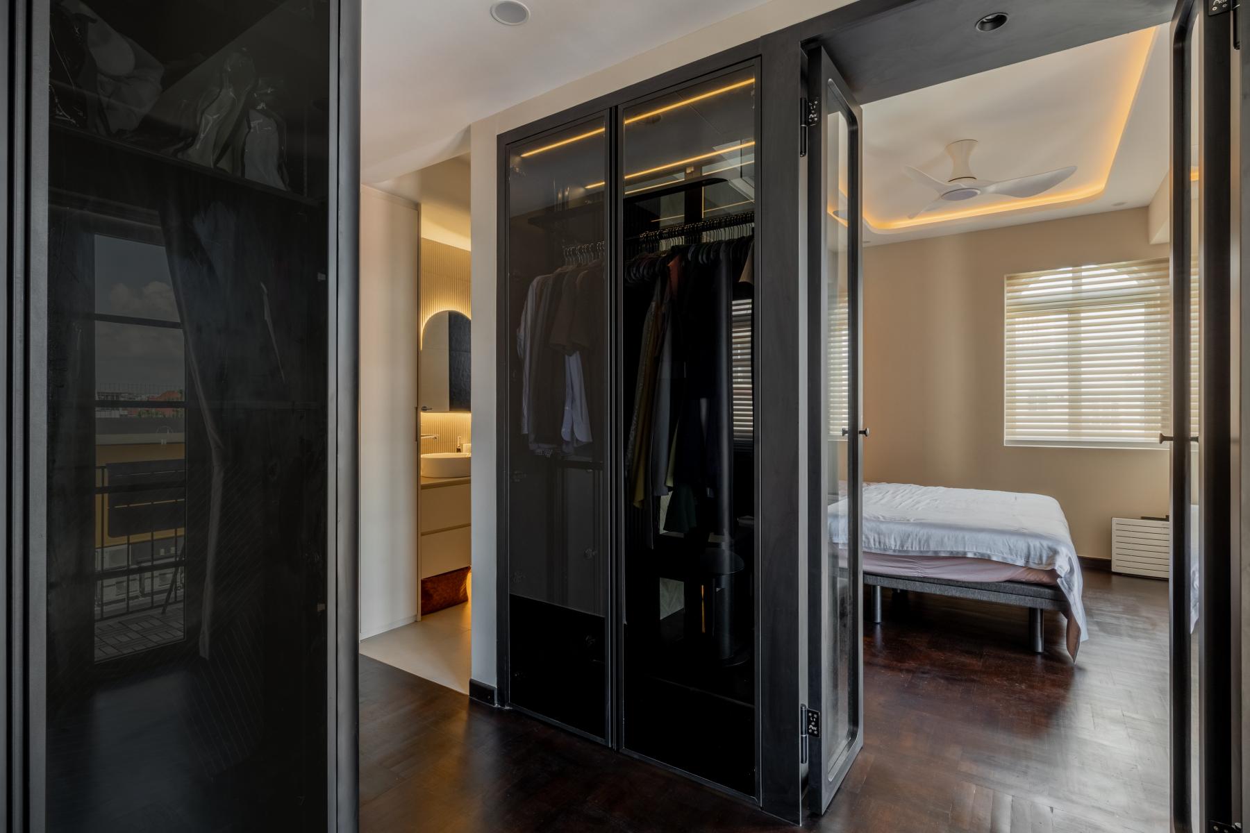 Minimalist Bedroom with Wood Flooring and Cove Lighting