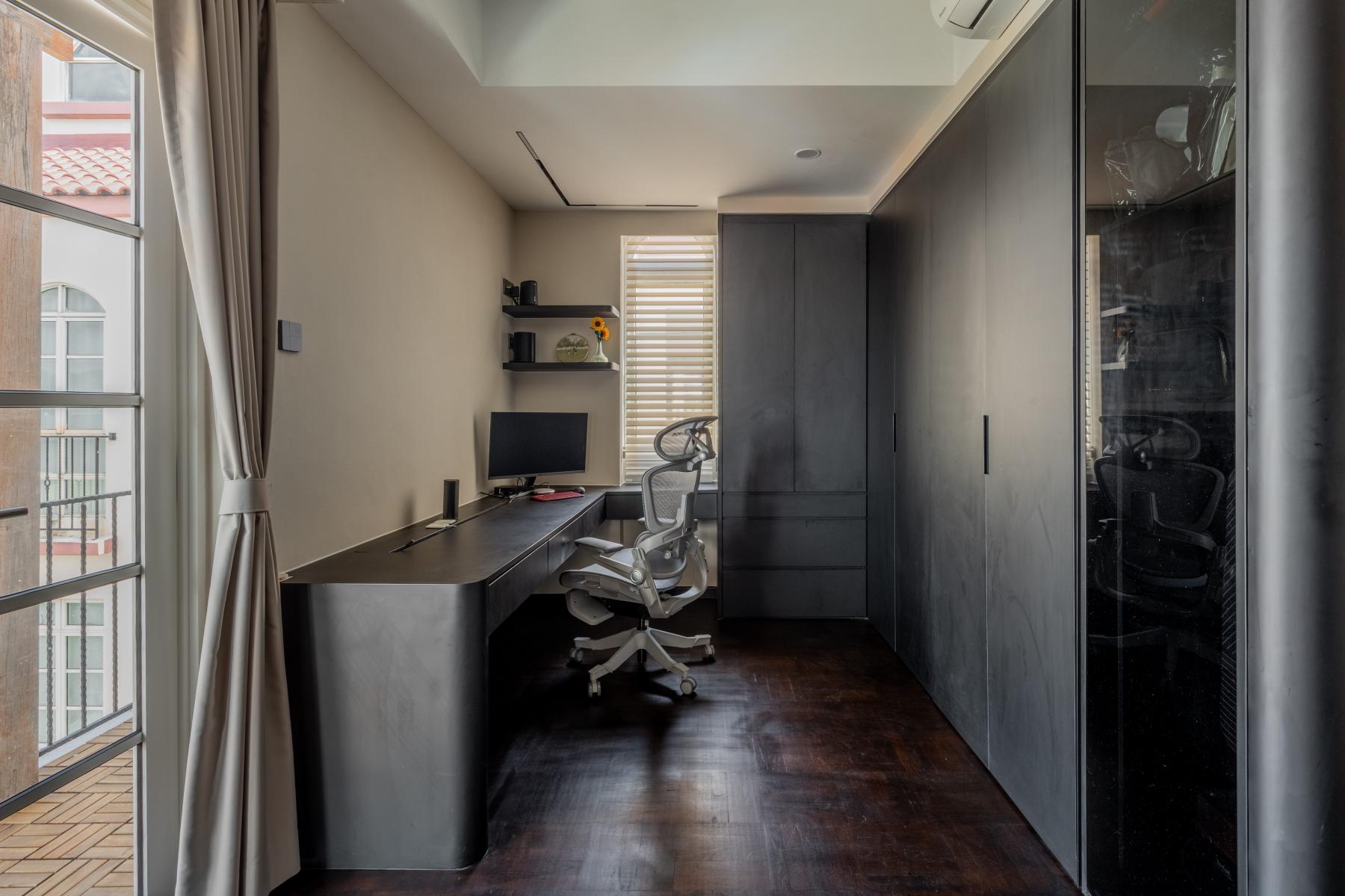 Minimalist Bedroom with Wood Flooring and Glass Door