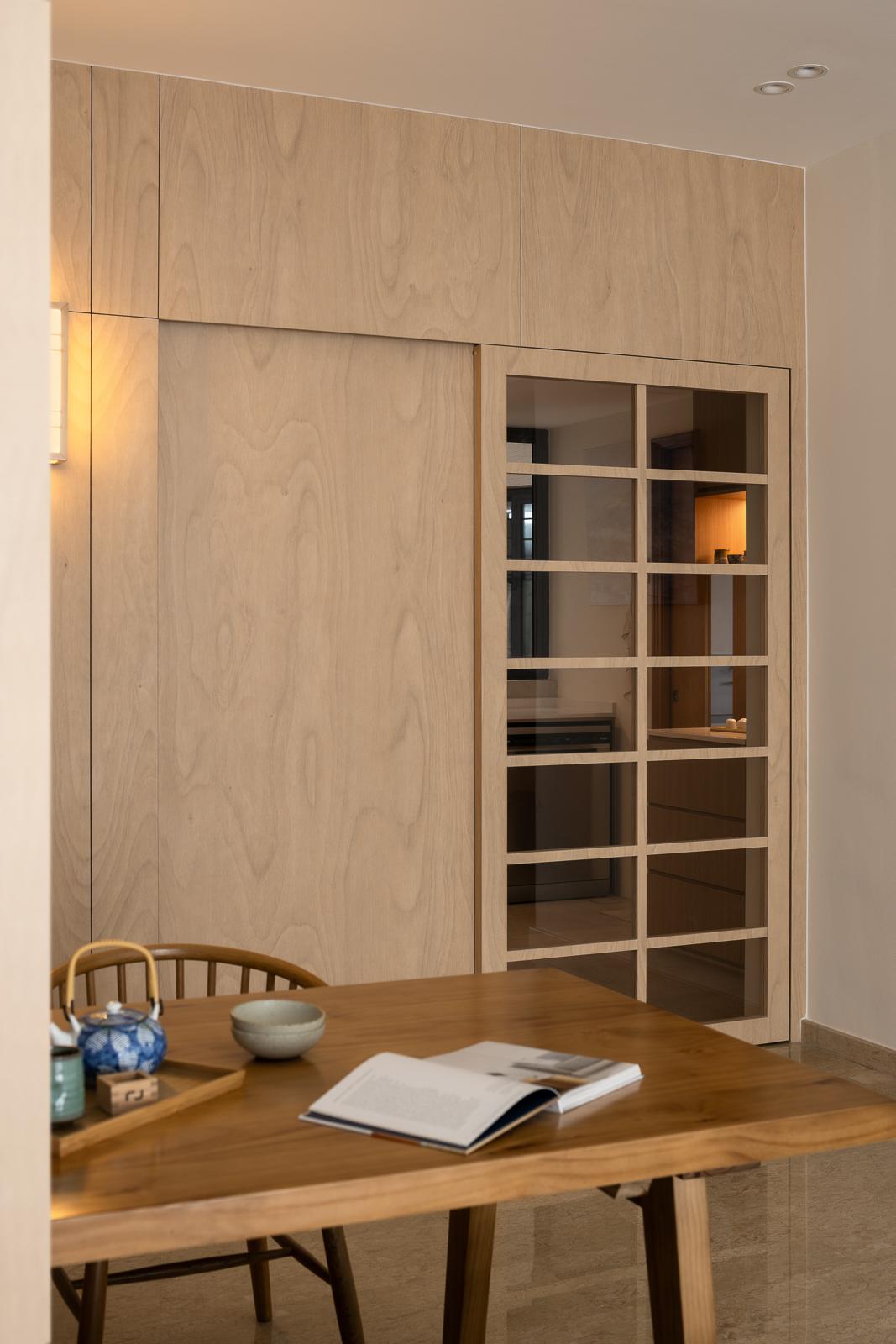 Asian Kitchen with Feature Wall and Doors