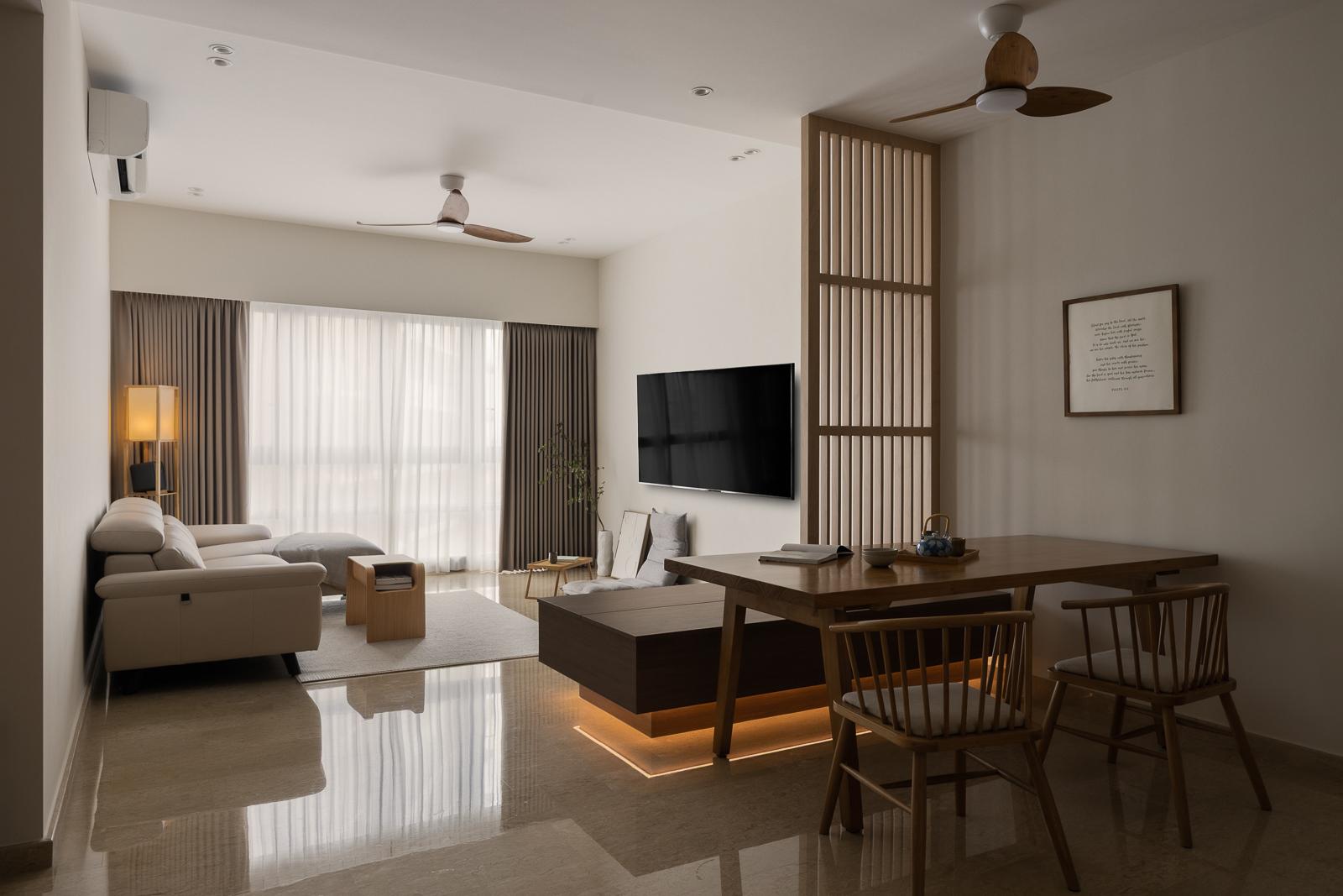 Asian Living Room with Marble Floor and Dining Table
