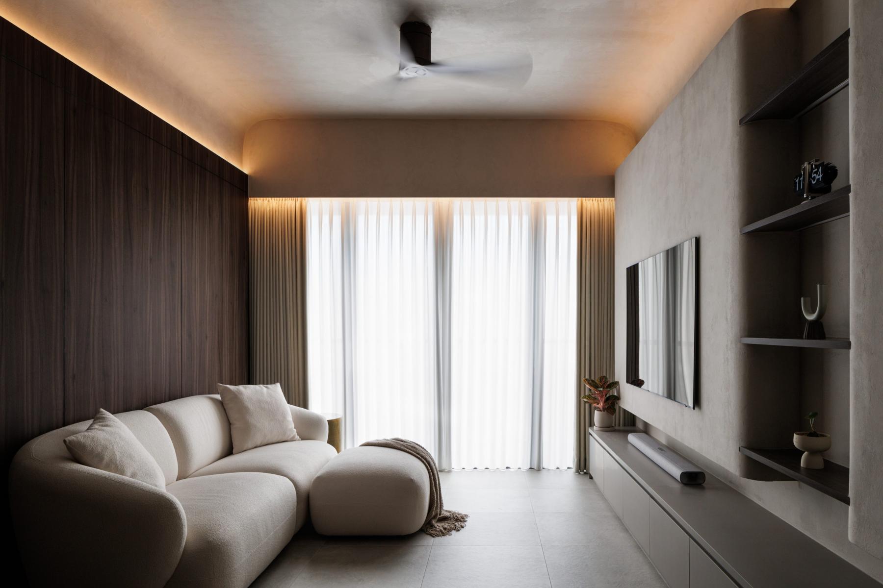 Contemporary Living Room with Homogeneous Tiles and TV Console