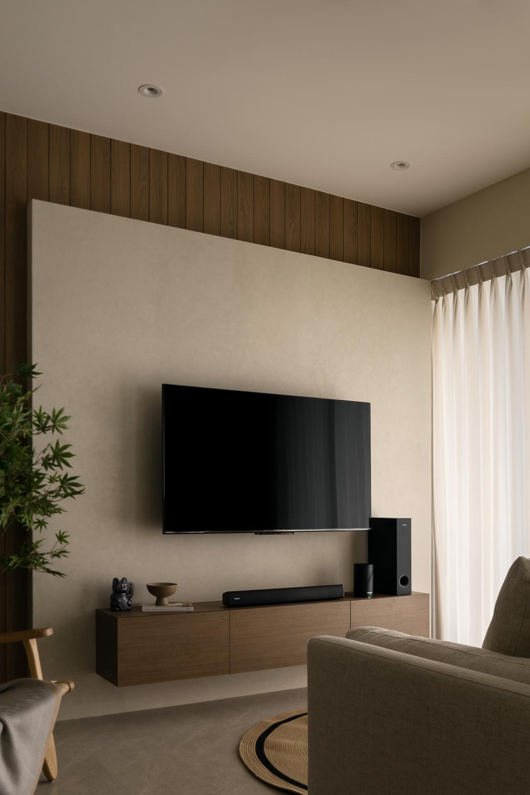 Asian Living Room with TV Console and Feature Wall