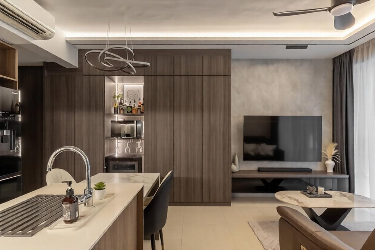 Modern Living Room with TV Console and Cove Lighting