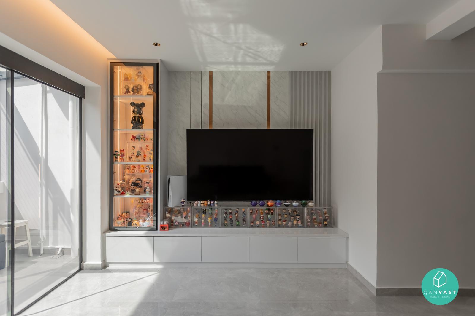 Contemporary Living Room with Homogeneous Tiles and TV Console